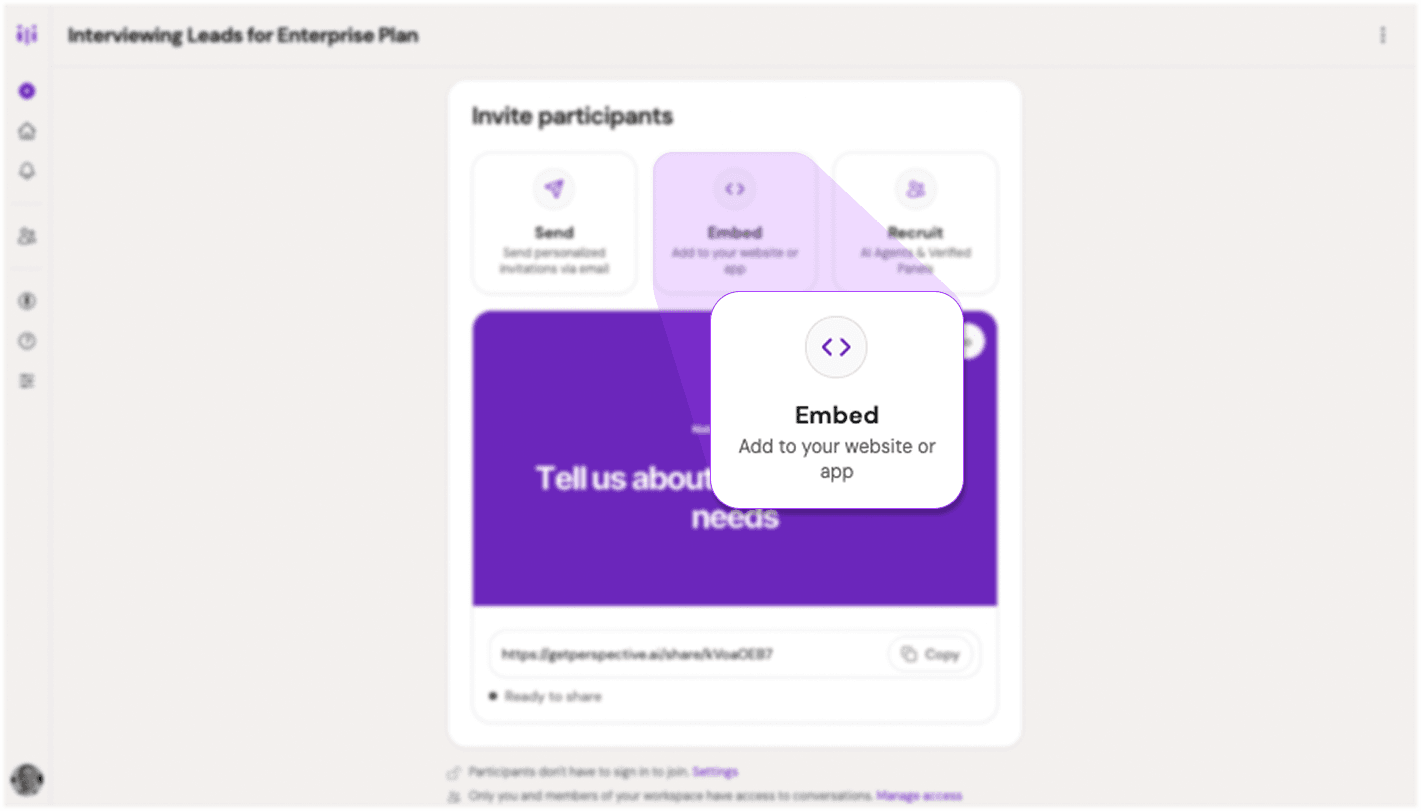 screenshot Embed option in the invite participants menu